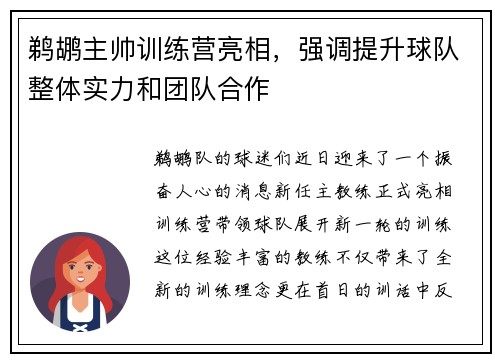 鹈鹕主帅训练营亮相，强调提升球队整体实力和团队合作