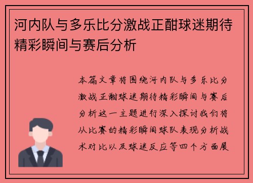 河内队与多乐比分激战正酣球迷期待精彩瞬间与赛后分析