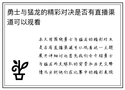 勇士与猛龙的精彩对决是否有直播渠道可以观看