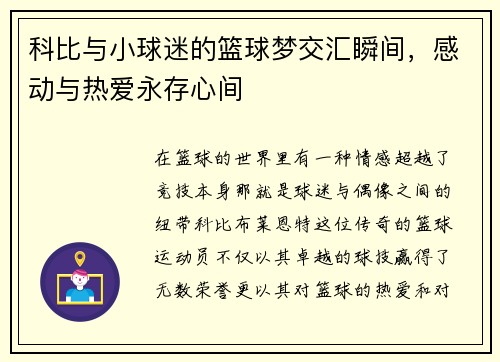 科比与小球迷的篮球梦交汇瞬间，感动与热爱永存心间