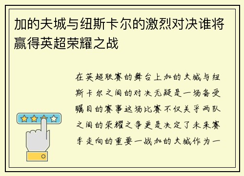 加的夫城与纽斯卡尔的激烈对决谁将赢得英超荣耀之战