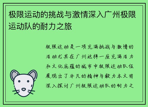 极限运动的挑战与激情深入广州极限运动队的耐力之旅