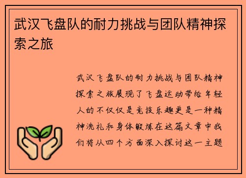 武汉飞盘队的耐力挑战与团队精神探索之旅